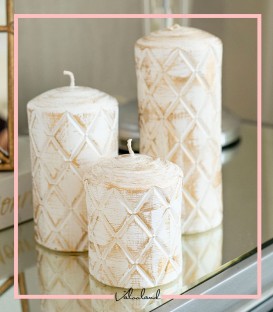 ست شمع سه تایی طرح لوزی پتینه سفید طلایی